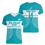 New Zealand Silver Fern Cricket Custom Women V-Neck T-Shirt Black Cap Teal Maori Pattern - Aussie Hoodie