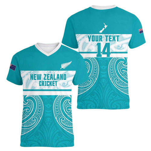New Zealand Silver Fern Cricket Custom Women V-Neck T-Shirt Black Cap Teal Maori Pattern - Aussie Hoodie
