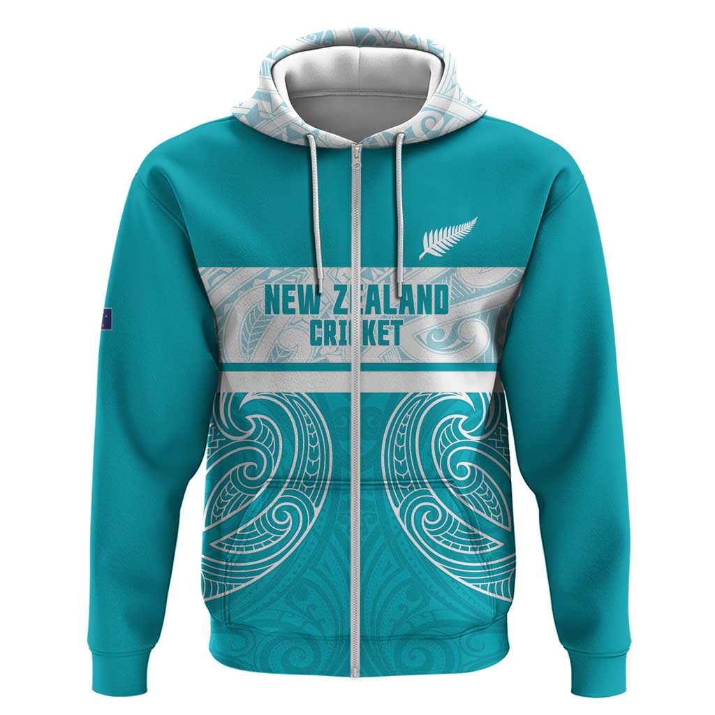 New Zealand Silver Fern Cricket Custom Zip Hoodie Black Cap Teal Maori Pattern - Aussie Hoodie