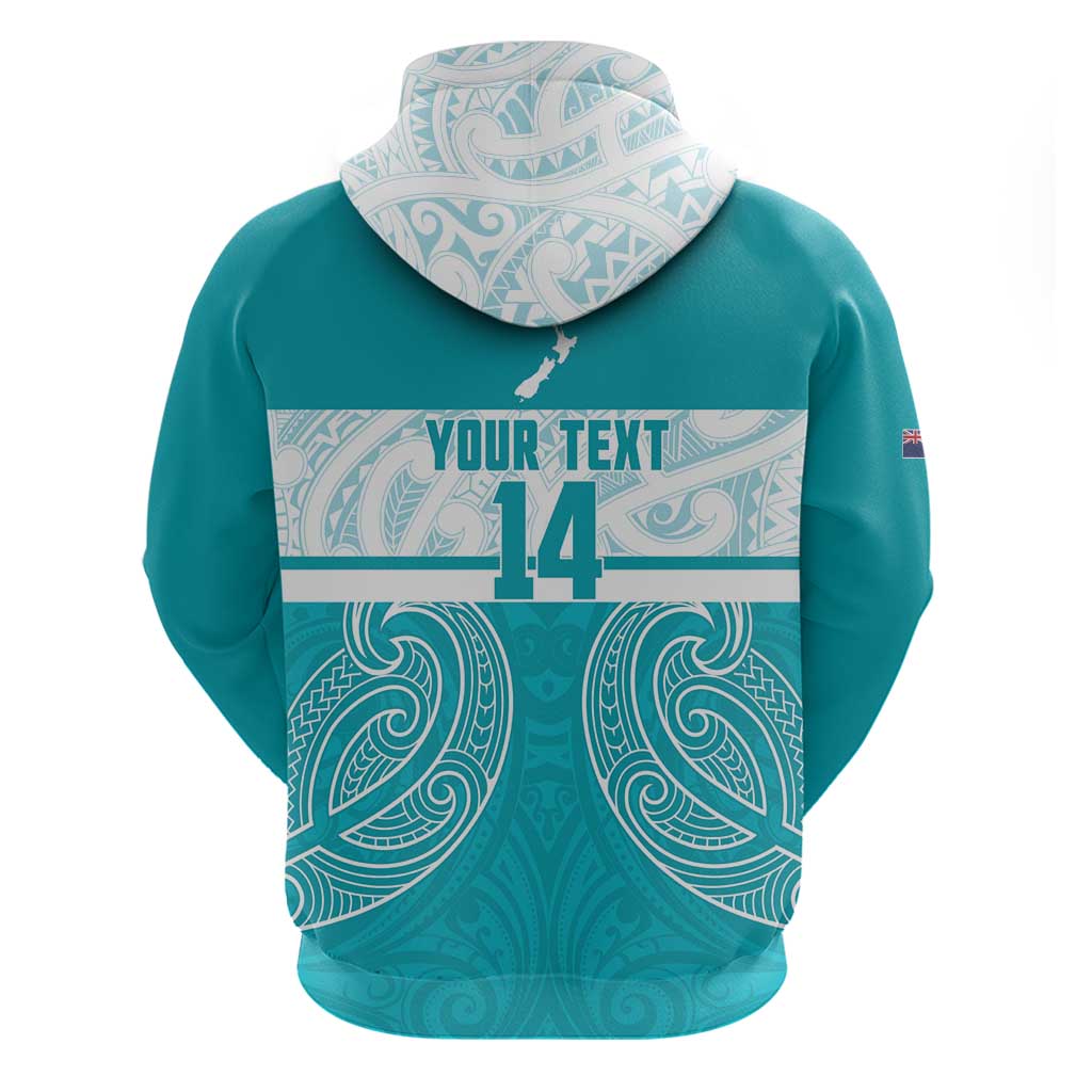 New Zealand Silver Fern Cricket Custom Zip Hoodie Black Cap Teal Maori Pattern - Aussie Hoodie