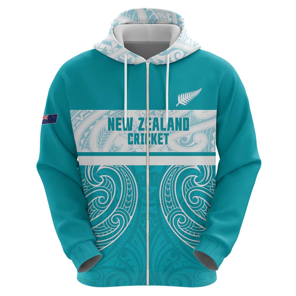 New Zealand Silver Fern Cricket Custom Zip Hoodie Black Cap Teal Maori Pattern - Aussie Hoodie
