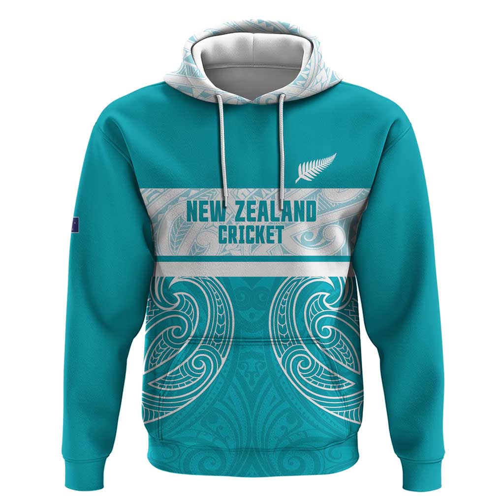 New Zealand Silver Fern Cricket Custom Zip Hoodie Black Cap Teal Maori Pattern - Aussie Hoodie