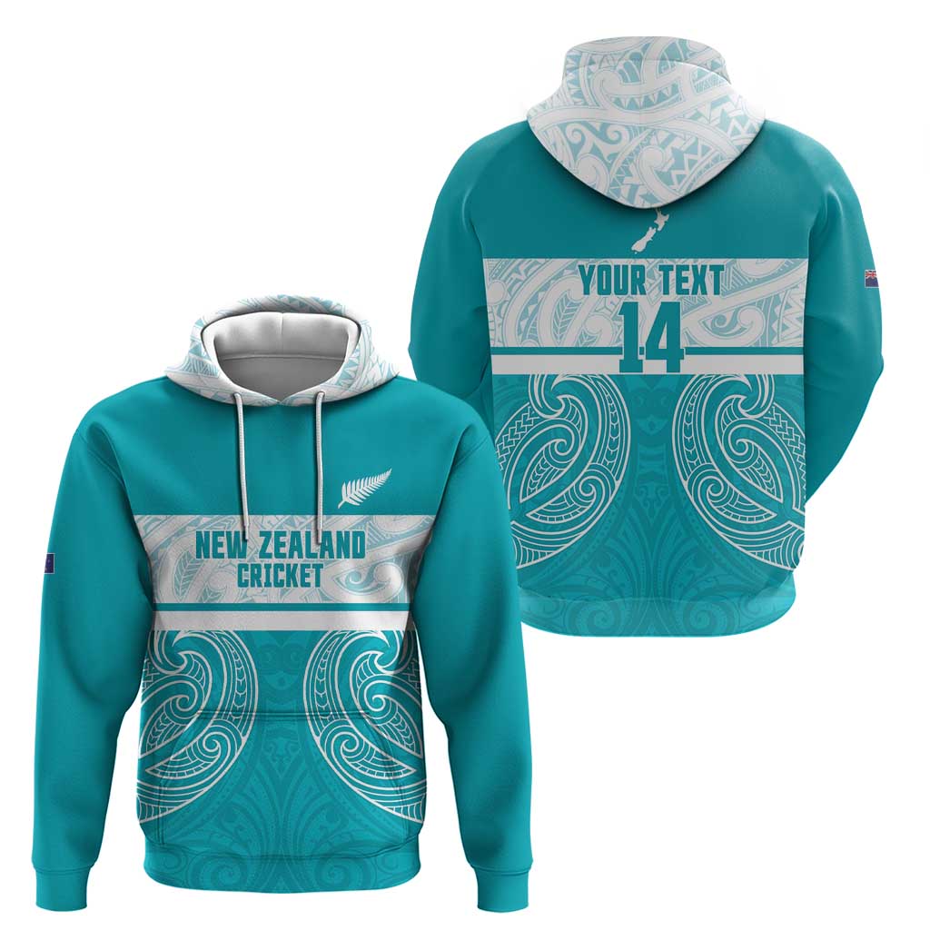 New Zealand Silver Fern Cricket Custom Zip Hoodie Black Cap Teal Maori Pattern - Aussie Hoodie