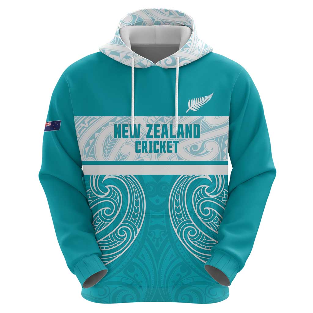 New Zealand Silver Fern Cricket Custom Zip Hoodie Black Cap Teal Maori Pattern - Aussie Hoodie