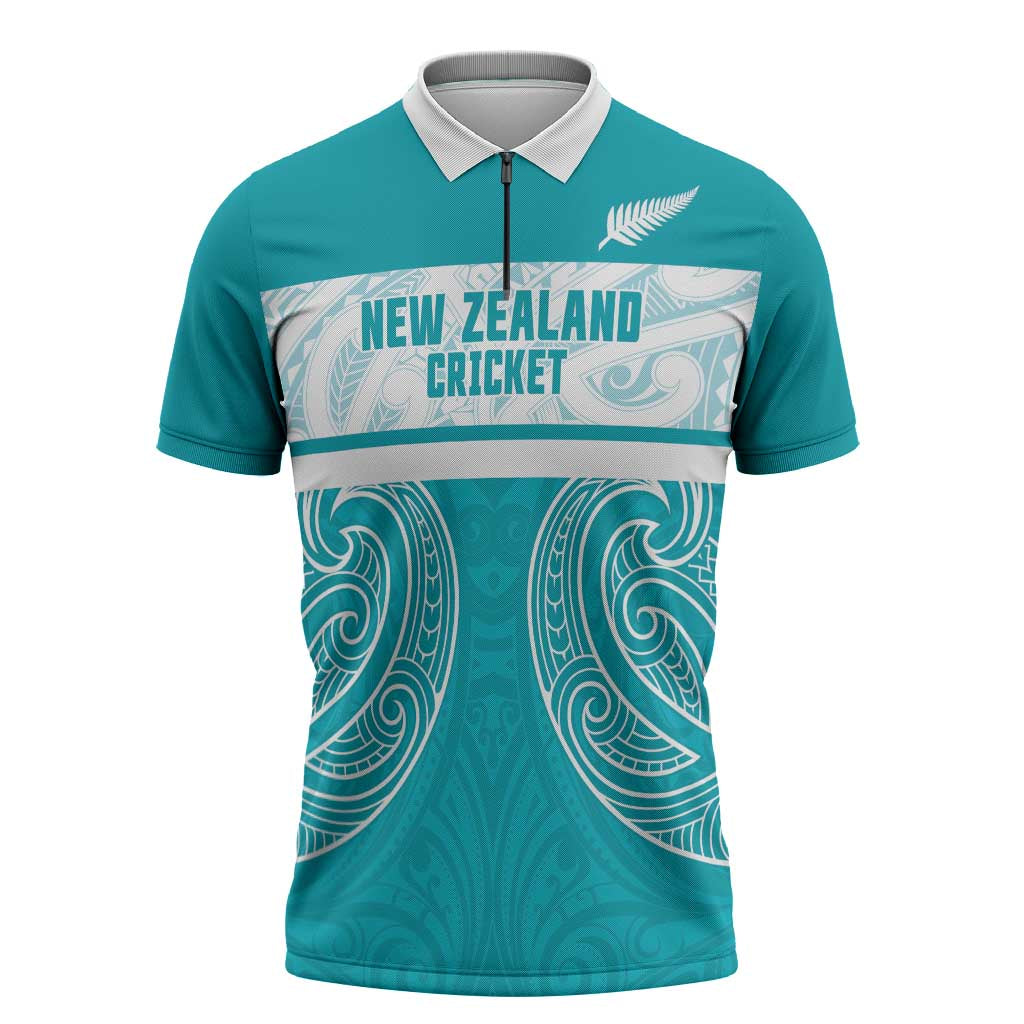 New Zealand Silver Fern Cricket Custom Zipper Polo Shirt Black Cap Teal Maori Pattern - Aussie Hoodie