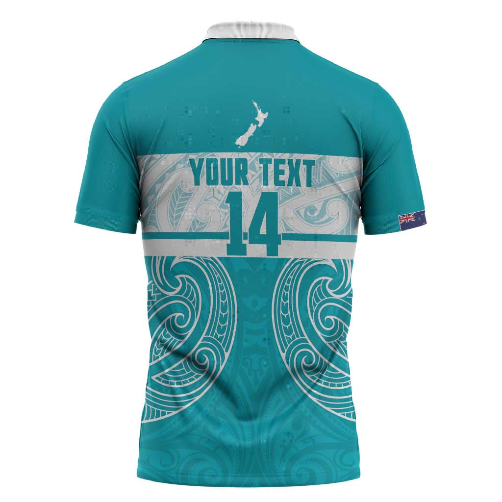 New Zealand Silver Fern Cricket Custom Zipper Polo Shirt Black Cap Teal Maori Pattern - Aussie Hoodie