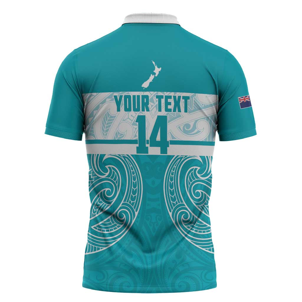 New Zealand Silver Fern Cricket Custom Zipper Polo Shirt Black Cap Teal Maori Pattern - Aussie Hoodie