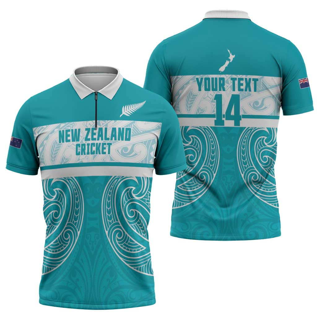 New Zealand Silver Fern Cricket Custom Zipper Polo Shirt Black Cap Teal Maori Pattern - Aussie Hoodie