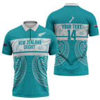 New Zealand Silver Fern Cricket Custom Zipper Polo Shirt Black Cap Teal Maori Pattern - Aussie Hoodie