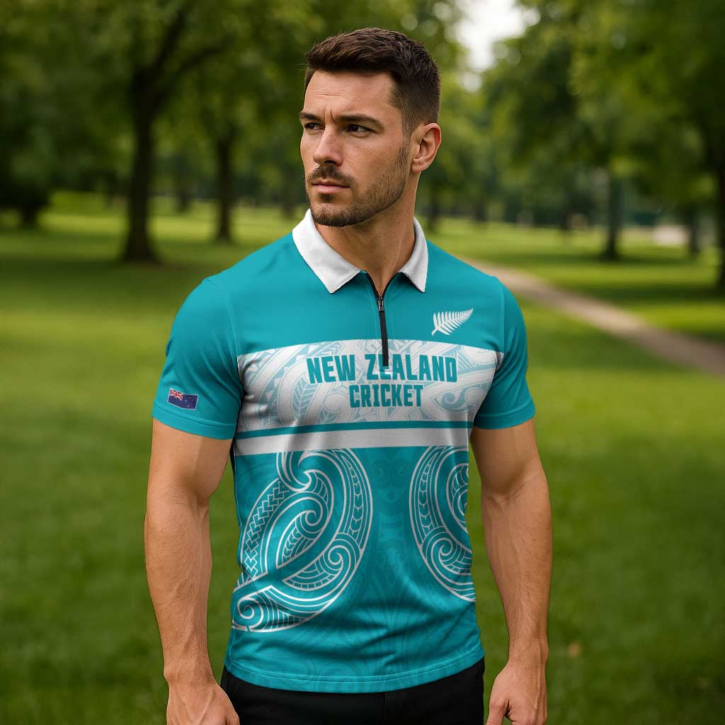 New Zealand Silver Fern Cricket Custom Zipper Polo Shirt Black Cap Teal Maori Pattern - Aussie Hoodie
