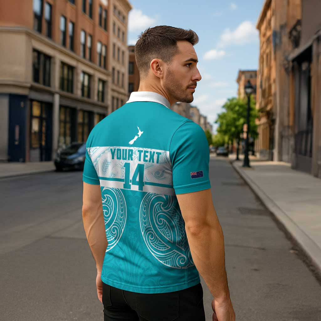 New Zealand Silver Fern Cricket Custom Zipper Polo Shirt Black Cap Teal Maori Pattern - Aussie Hoodie