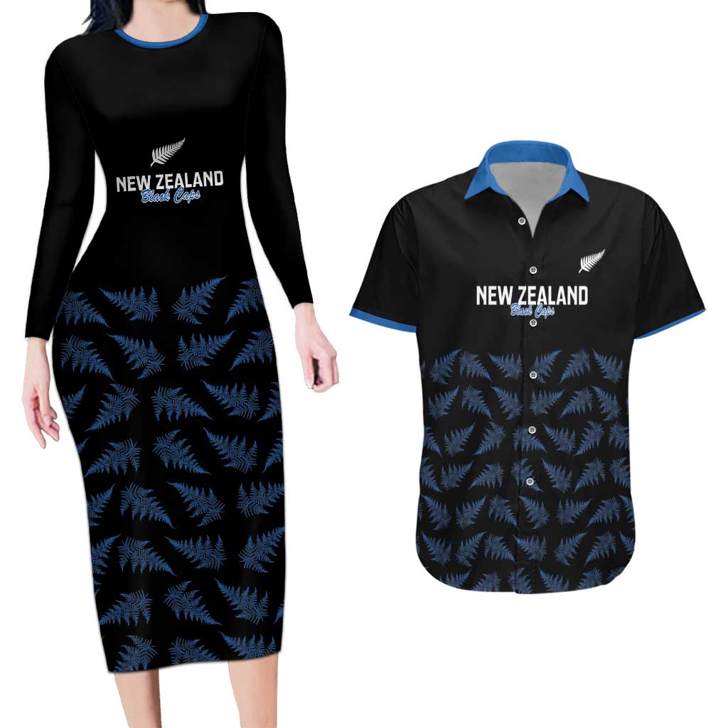 New Zealand Silver Fern Cricket Custom Couples Matching Long Sleeve Bodycon Dress and Hawaiian Shirt Black Cap T20 Version - Aussie Hoodie