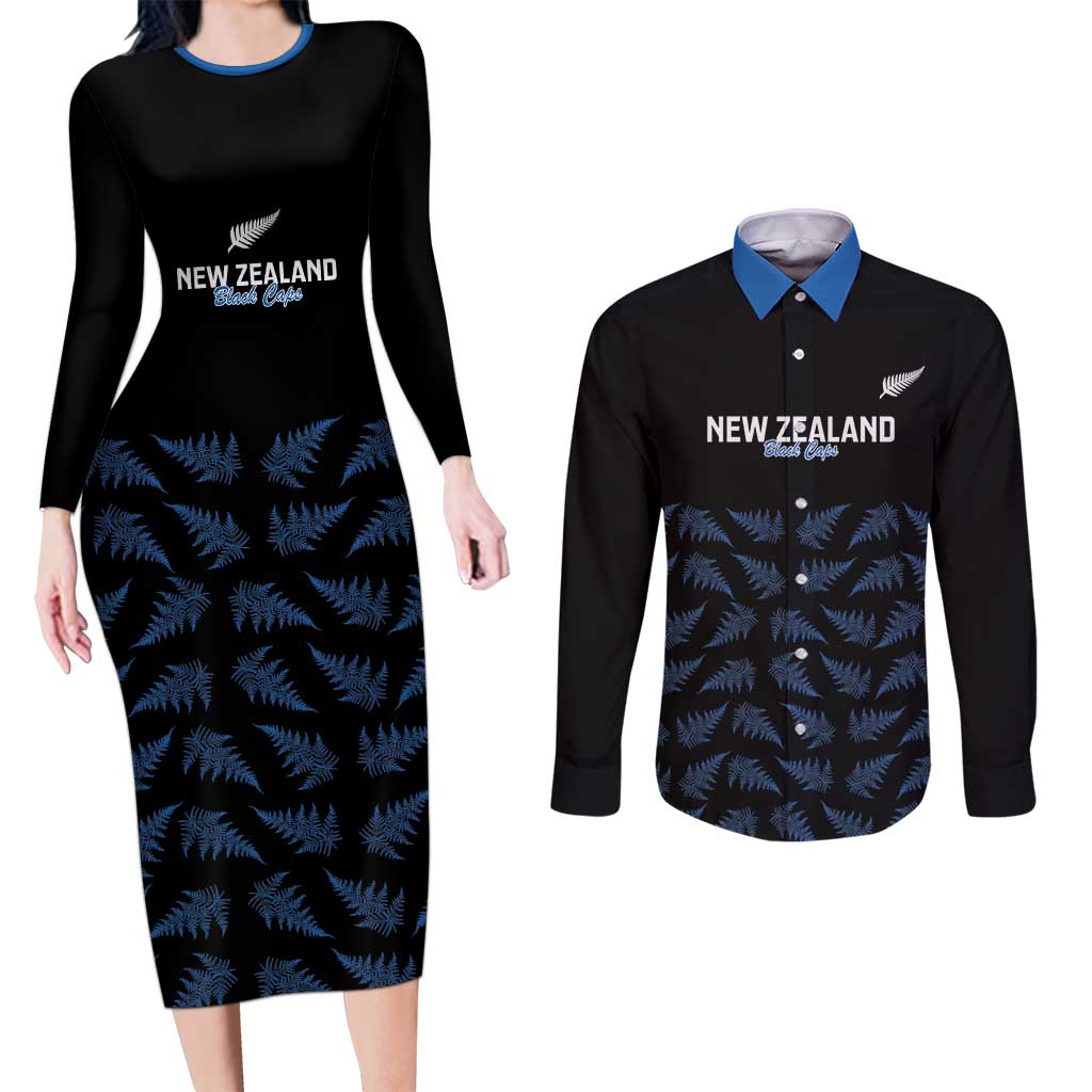 New Zealand Silver Fern Cricket Custom Couples Matching Long Sleeve Bodycon Dress and Long Sleeve Button Shirt Black Cap T20 Version - Aussie Hoodie