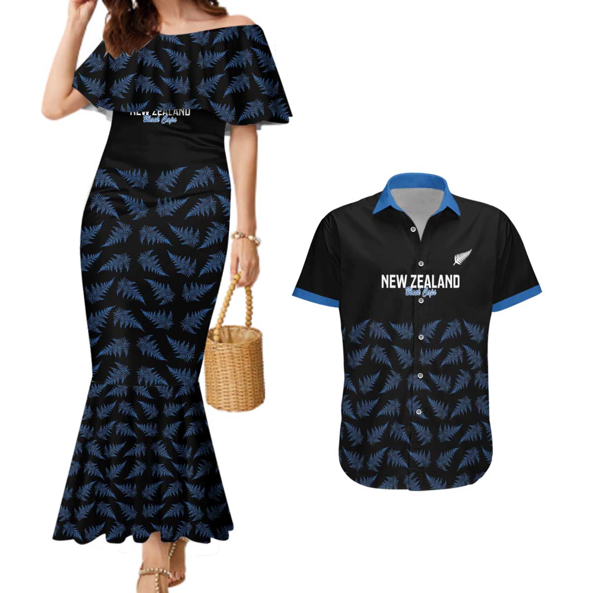 New Zealand Silver Fern Cricket Custom Couples Matching Mermaid Dress and Hawaiian Shirt Black Cap T20 Version - Aussie Hoodie