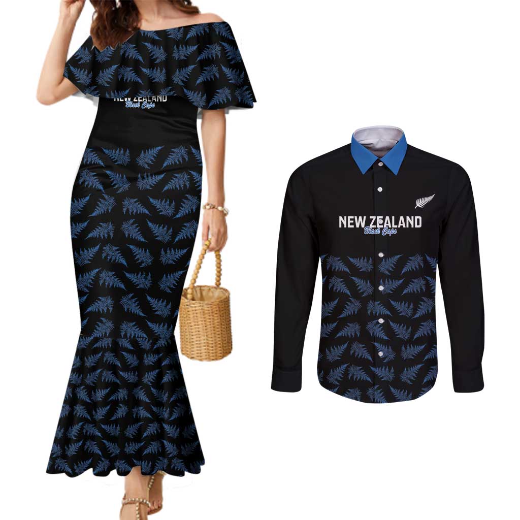 New Zealand Silver Fern Cricket Custom Couples Matching Mermaid Dress and Long Sleeve Button Shirt Black Cap T20 Version - Aussie Hoodie