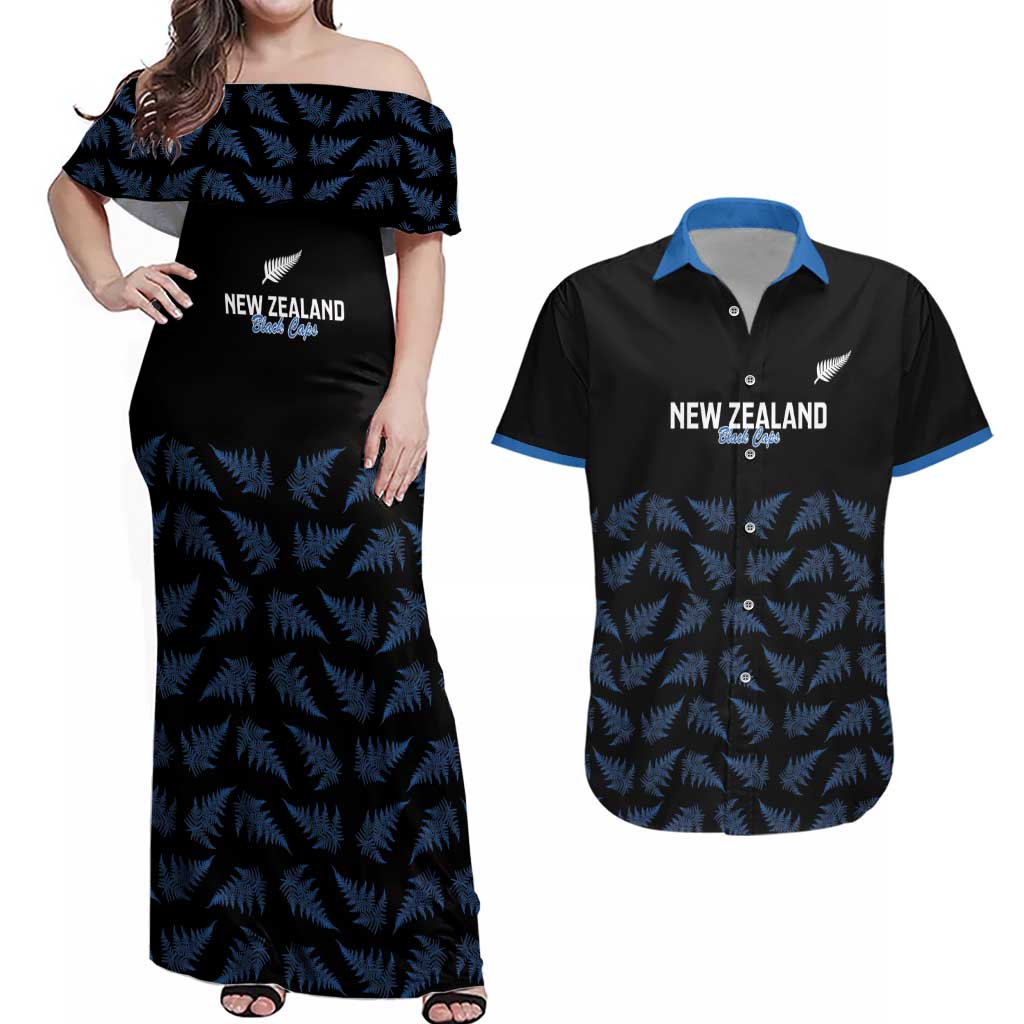 New Zealand Silver Fern Cricket Custom Couples Matching Off Shoulder Maxi Dress and Hawaiian Shirt Black Cap T20 Version - Aussie Hoodie