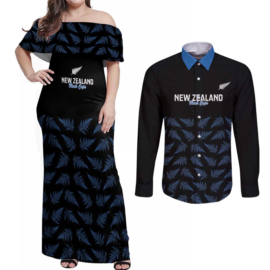New Zealand Silver Fern Cricket Custom Couples Matching Off Shoulder Maxi Dress and Long Sleeve Button Shirt Black Cap T20 Version - Aussie Hoodie