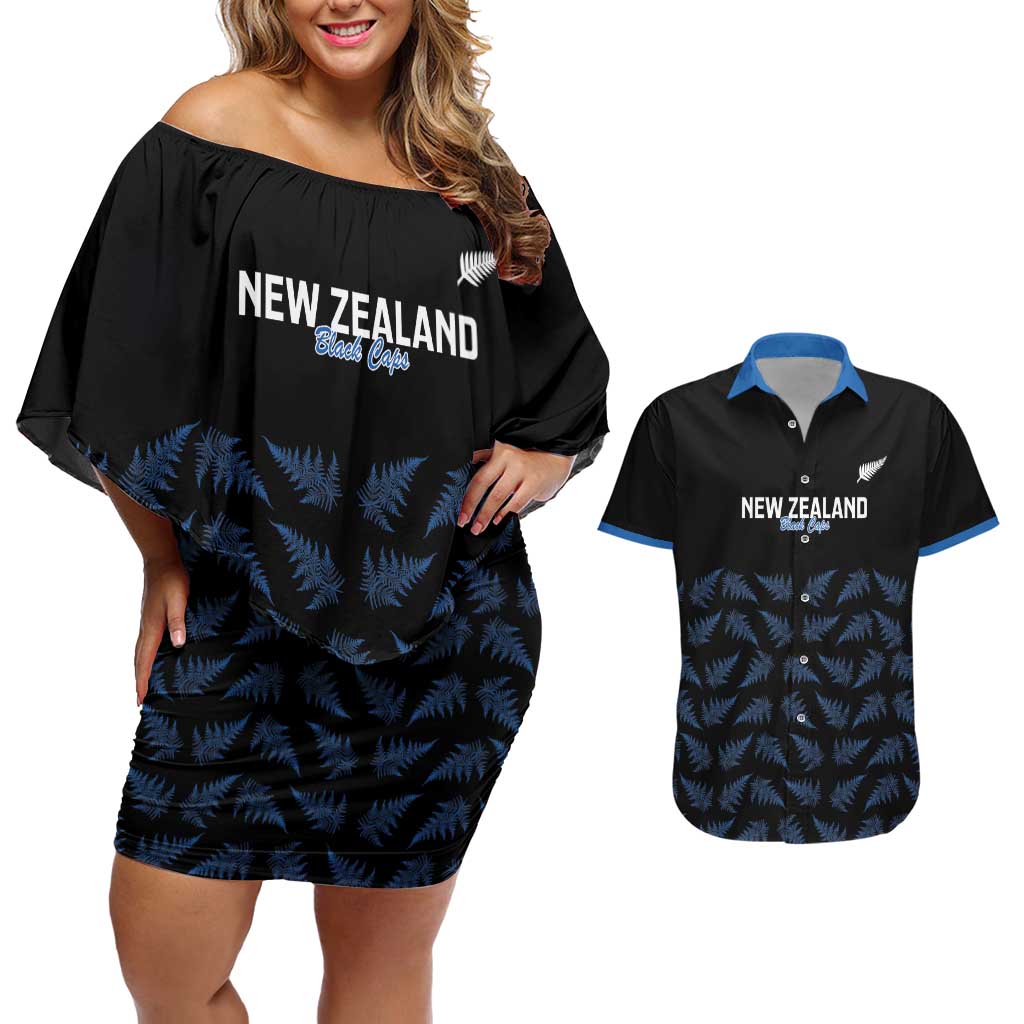 New Zealand Silver Fern Cricket Custom Couples Matching Off Shoulder Short Dress and Hawaiian Shirt Black Cap T20 Version - Aussie Hoodie