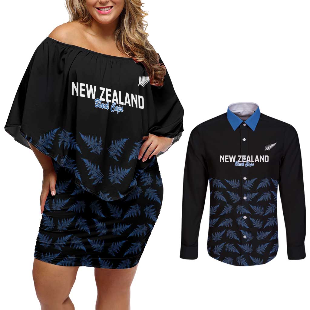 New Zealand Silver Fern Cricket Custom Couples Matching Off Shoulder Short Dress and Long Sleeve Button Shirt Black Cap T20 Version - Aussie Hoodie