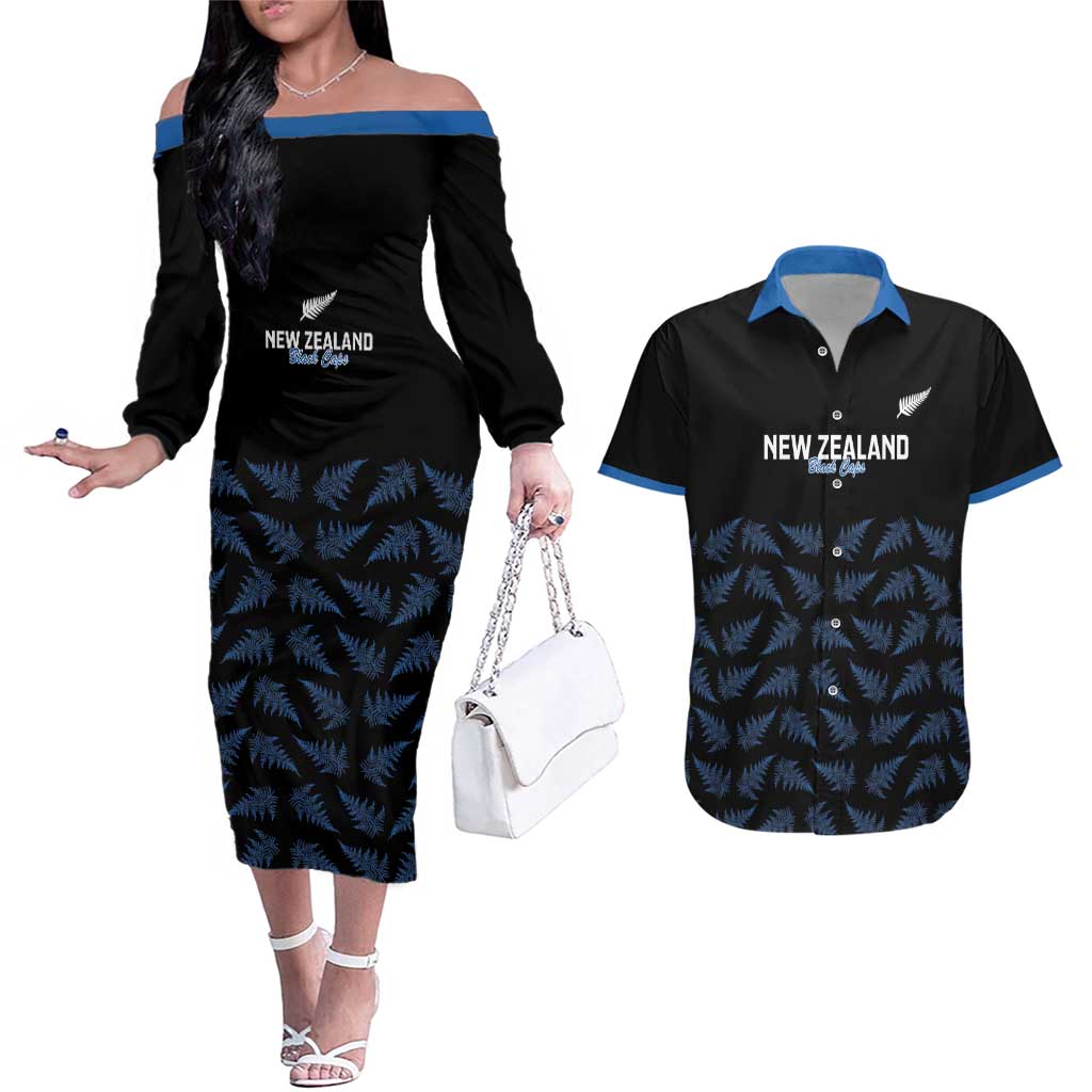 New Zealand Silver Fern Cricket Custom Couples Matching Off The Shoulder Long Sleeve Dress and Hawaiian Shirt Black Cap T20 Version - Aussie Hoodie