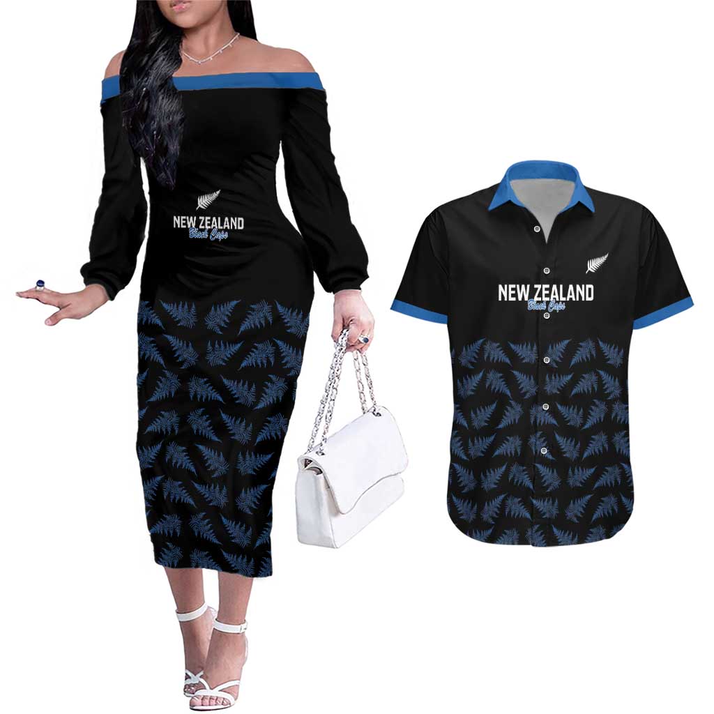 New Zealand Silver Fern Cricket Custom Couples Matching Off The Shoulder Long Sleeve Dress and Hawaiian Shirt Black Cap T20 Version - Aussie Hoodie