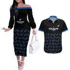 New Zealand Silver Fern Cricket Custom Couples Matching Off The Shoulder Long Sleeve Dress and Hawaiian Shirt Black Cap T20 Version - Aussie Hoodie