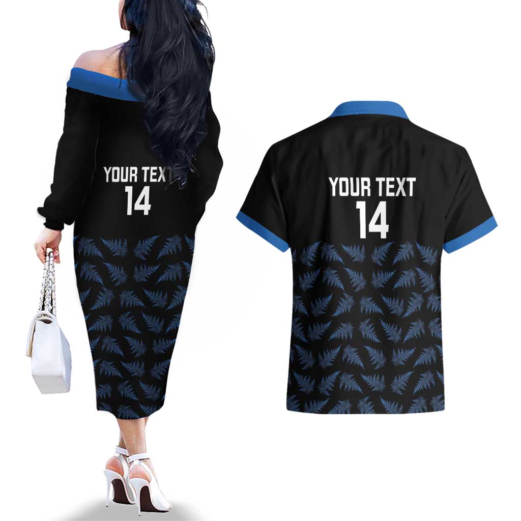 New Zealand Silver Fern Cricket Custom Couples Matching Off The Shoulder Long Sleeve Dress and Hawaiian Shirt Black Cap T20 Version - Aussie Hoodie