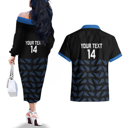 New Zealand Silver Fern Cricket Custom Couples Matching Off The Shoulder Long Sleeve Dress and Hawaiian Shirt Black Cap T20 Version - Aussie Hoodie
