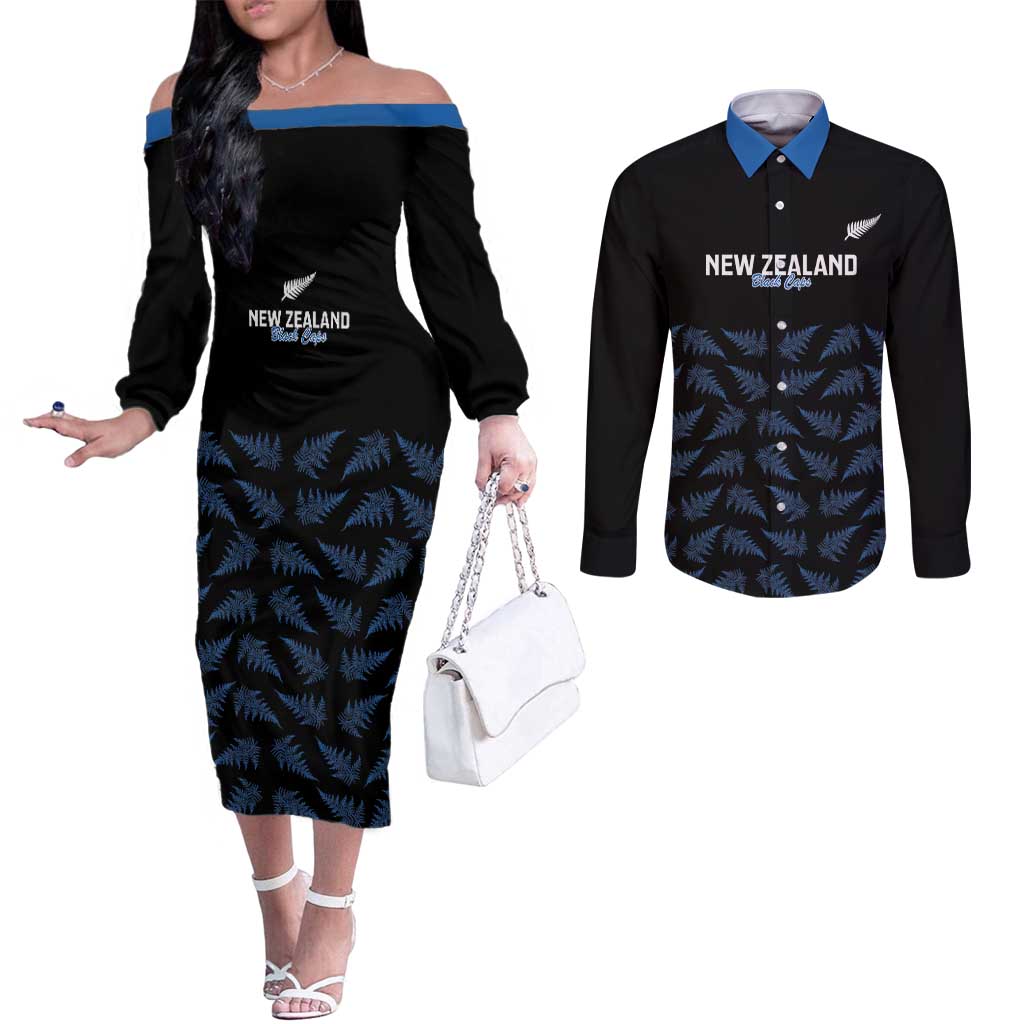 New Zealand Silver Fern Cricket Custom Couples Matching Off The Shoulder Long Sleeve Dress and Long Sleeve Button Shirt Black Cap T20 Version - Aussie Hoodie