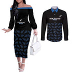 New Zealand Silver Fern Cricket Custom Couples Matching Off The Shoulder Long Sleeve Dress and Long Sleeve Button Shirt Black Cap T20 Version - Aussie Hoodie