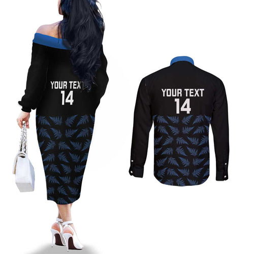 New Zealand Silver Fern Cricket Custom Couples Matching Off The Shoulder Long Sleeve Dress and Long Sleeve Button Shirt Black Cap T20 Version - Aussie Hoodie