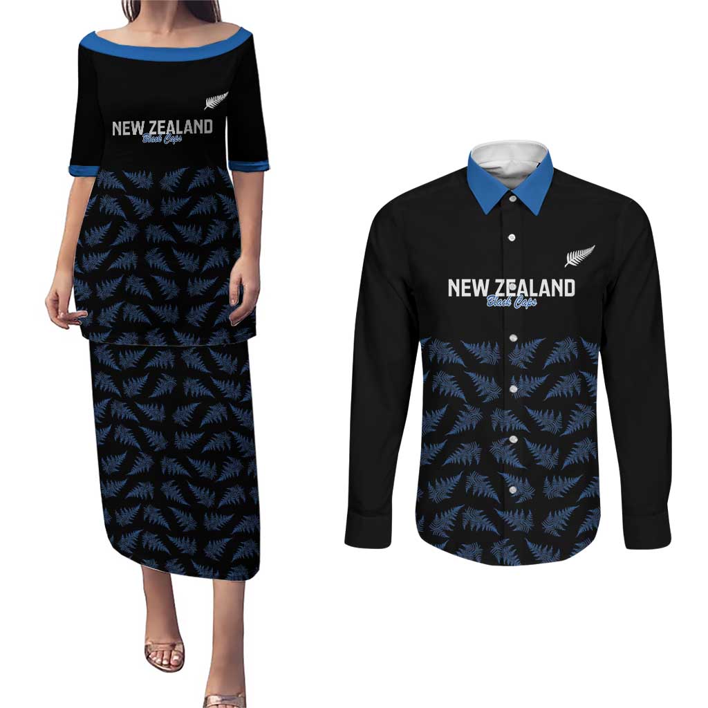 New Zealand Silver Fern Cricket Custom Couples Matching Puletasi and Long Sleeve Button Shirt Black Cap T20 Version - Aussie Hoodie