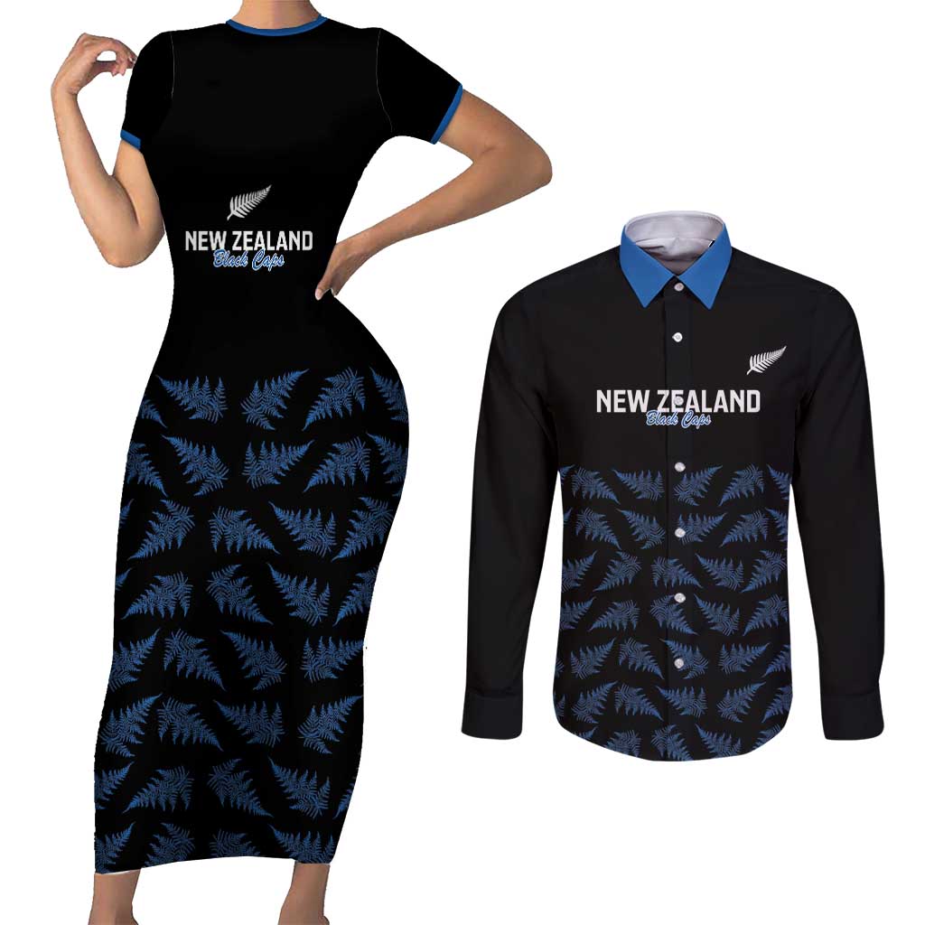 New Zealand Silver Fern Cricket Custom Couples Matching Short Sleeve Bodycon Dress and Long Sleeve Button Shirt Black Cap T20 Version - Aussie Hoodie