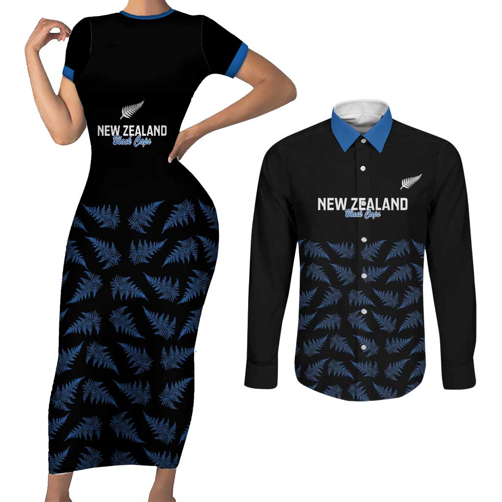 New Zealand Silver Fern Cricket Custom Couples Matching Short Sleeve Bodycon Dress and Long Sleeve Button Shirt Black Cap T20 Version - Aussie Hoodie