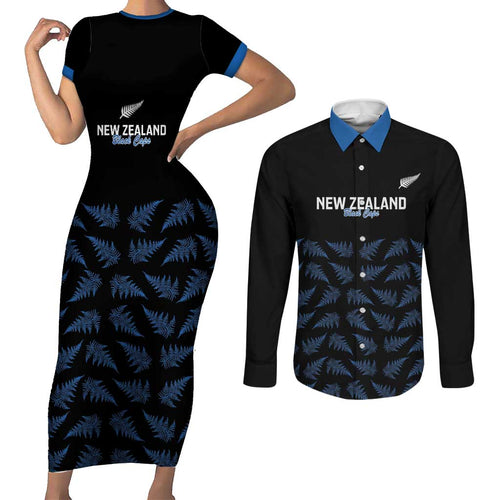 New Zealand Silver Fern Cricket Custom Couples Matching Short Sleeve Bodycon Dress and Long Sleeve Button Shirt Black Cap T20 Version - Aussie Hoodie