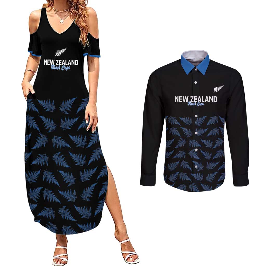 New Zealand Silver Fern Cricket Custom Couples Matching Summer Maxi Dress and Long Sleeve Button Shirt Black Cap T20 Version - Aussie Hoodie