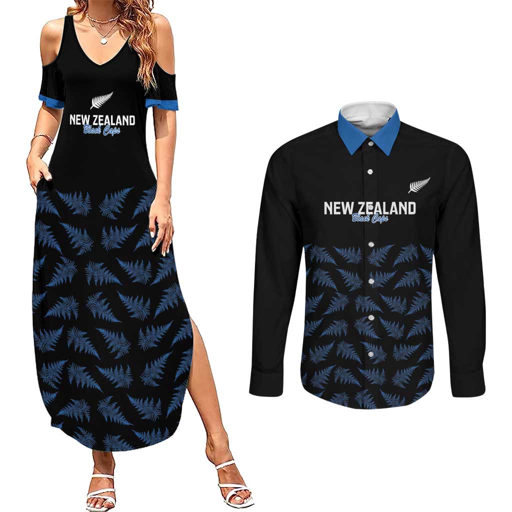 New Zealand Silver Fern Cricket Custom Couples Matching Summer Maxi Dress and Long Sleeve Button Shirt Black Cap T20 Version - Aussie Hoodie
