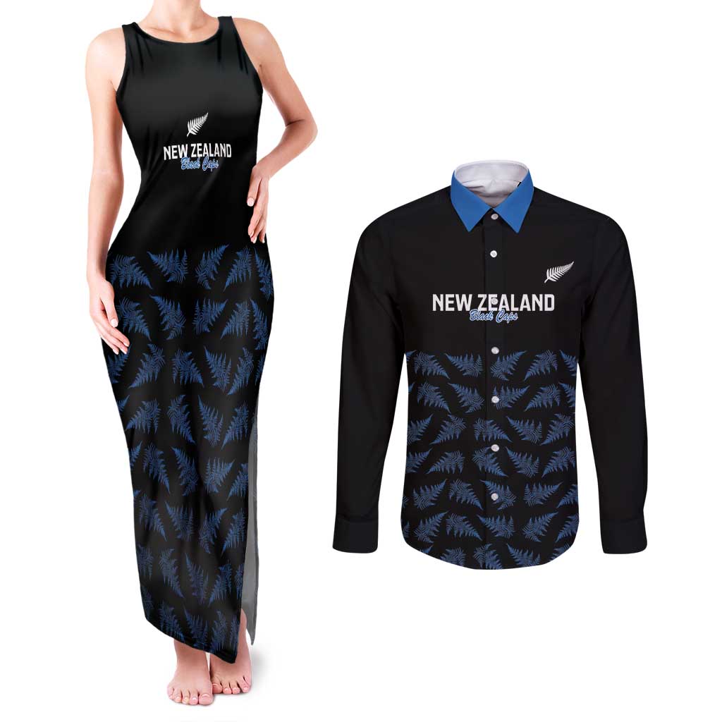 New Zealand Silver Fern Cricket Custom Couples Matching Tank Maxi Dress and Long Sleeve Button Shirt Black Cap T20 Version - Aussie Hoodie
