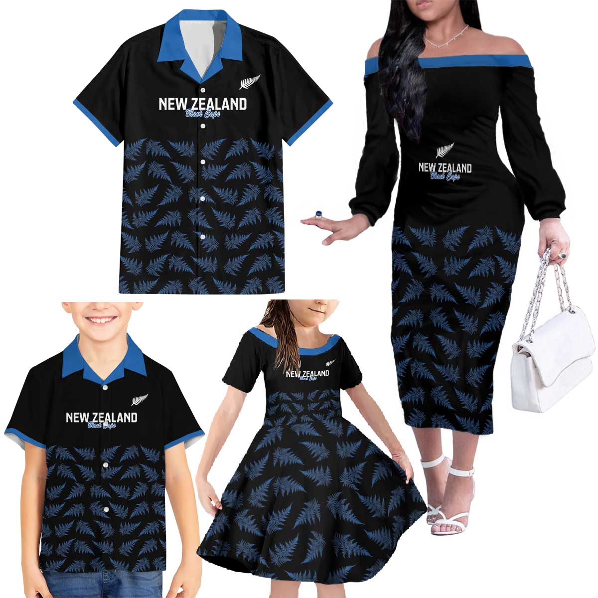 New Zealand Silver Fern Cricket Custom Family Matching Off The Shoulder Long Sleeve Dress and Hawaiian Shirt Black Cap T20 Version - Aussie Hoodie