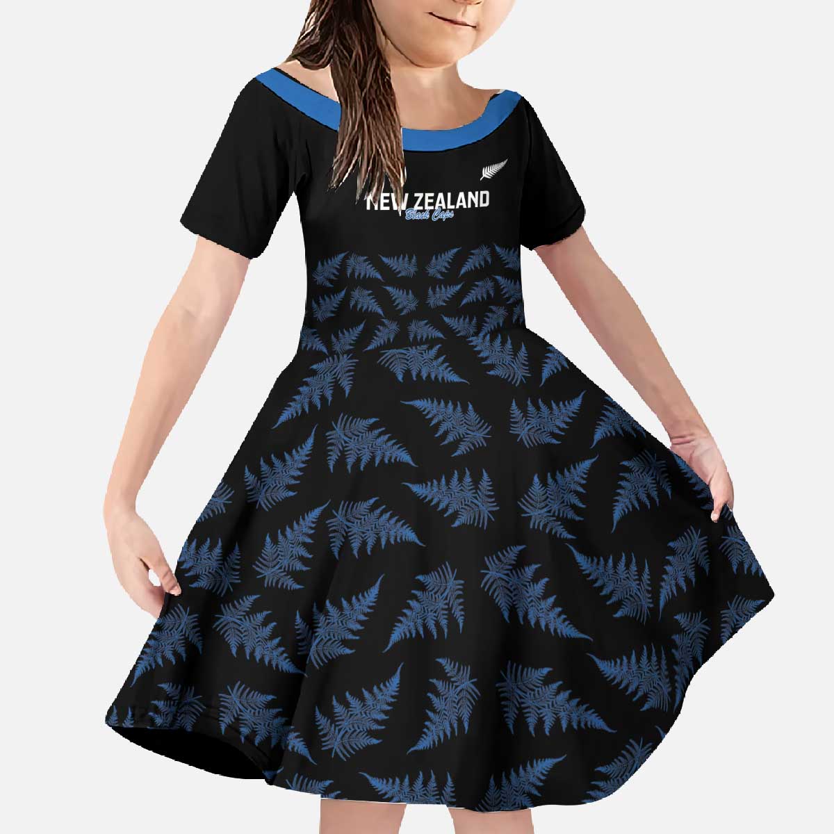 New Zealand Silver Fern Cricket Custom Family Matching Off The Shoulder Long Sleeve Dress and Hawaiian Shirt Black Cap T20 Version - Aussie Hoodie
