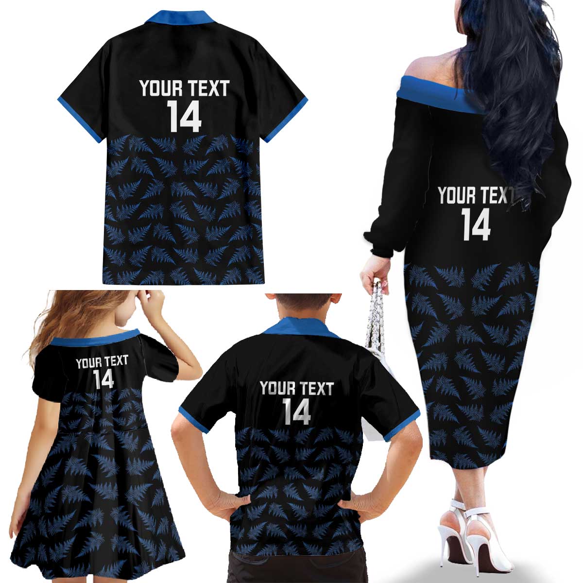 New Zealand Silver Fern Cricket Custom Family Matching Off The Shoulder Long Sleeve Dress and Hawaiian Shirt Black Cap T20 Version - Aussie Hoodie