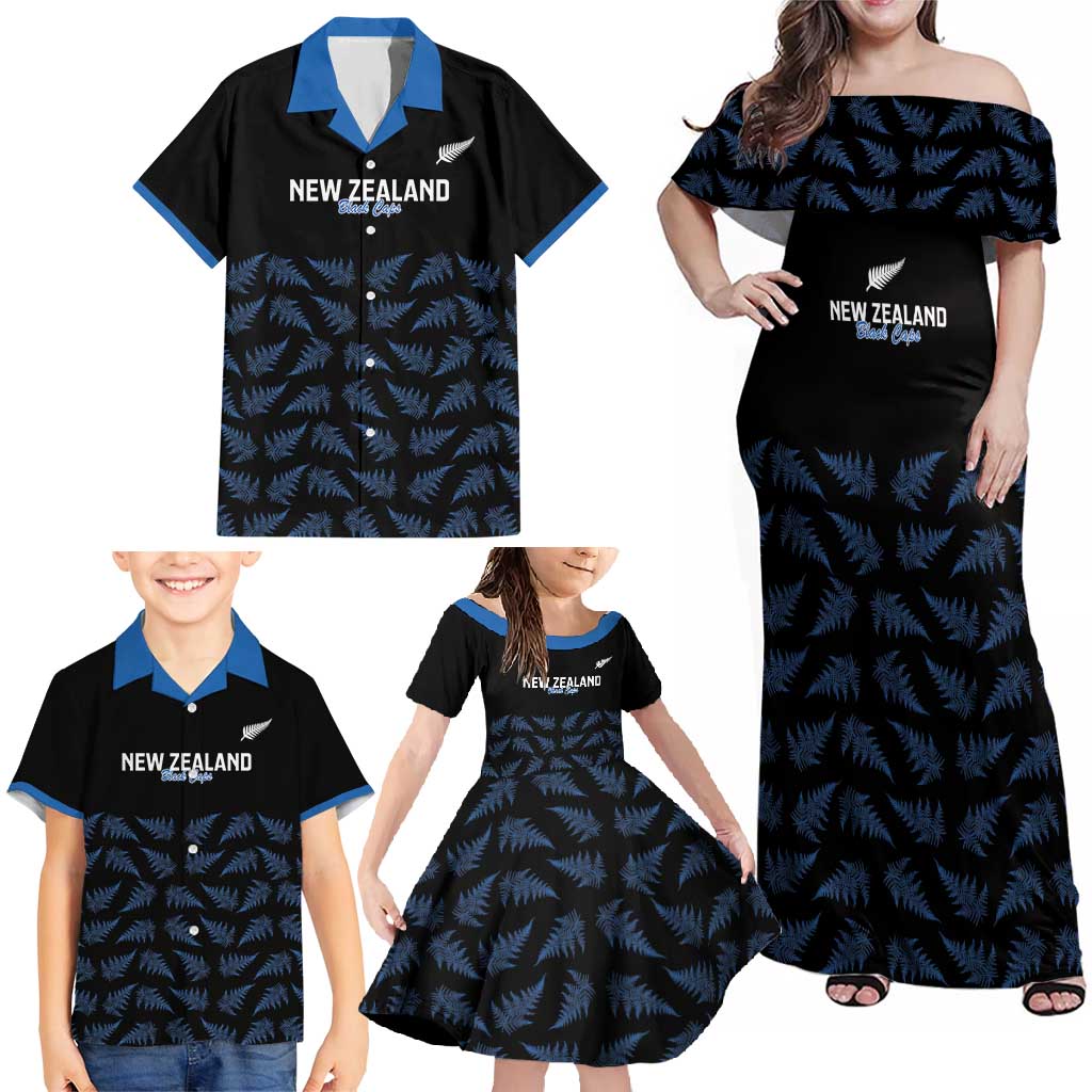 New Zealand Silver Fern Cricket Custom Family Matching Off Shoulder Maxi Dress and Hawaiian Shirt Black Cap T20 Version - Aussie Hoodie