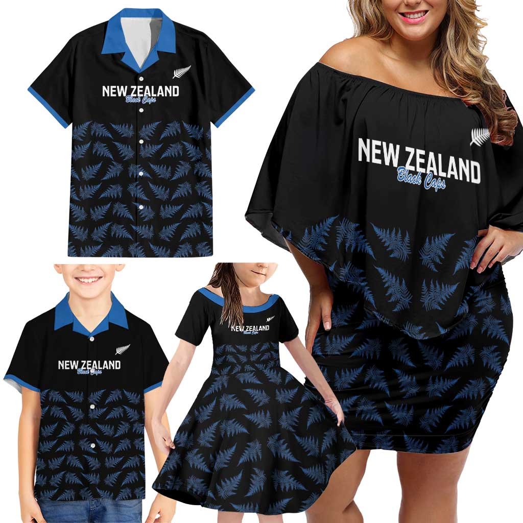 New Zealand Silver Fern Cricket Custom Family Matching Off Shoulder Short Dress and Hawaiian Shirt Black Cap T20 Version - Aussie Hoodie