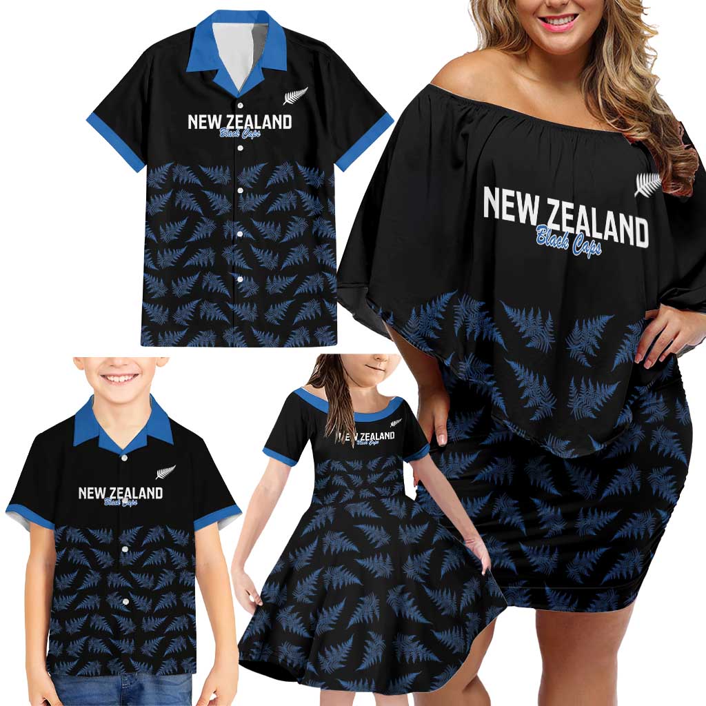 New Zealand Silver Fern Cricket Custom Family Matching Off Shoulder Short Dress and Hawaiian Shirt Black Cap T20 Version - Aussie Hoodie