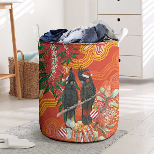 Australia Black Cockatoo Christmas Laundry Basket Banksia Bottlebrush Aboriginal Art - Aussie Hoodie