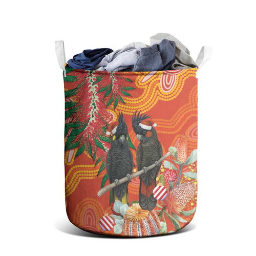 Australia Black Cockatoo Christmas Laundry Basket Banksia Bottlebrush Aboriginal Art - Aussie Hoodie