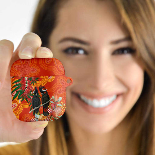 Australia Black Cockatoo Christmas AirPods Case Banksia Bottlebrush Aboriginal Art - Aussie Hoodie