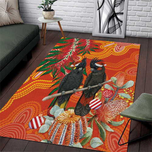 Australia Black Cockatoo Christmas Area Rug Banksia Bottlebrush Aboriginal Art - Aussie Hoodie