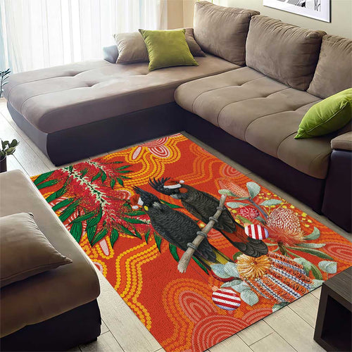 Australia Black Cockatoo Christmas Area Rug Banksia Bottlebrush Aboriginal Art - Aussie Hoodie