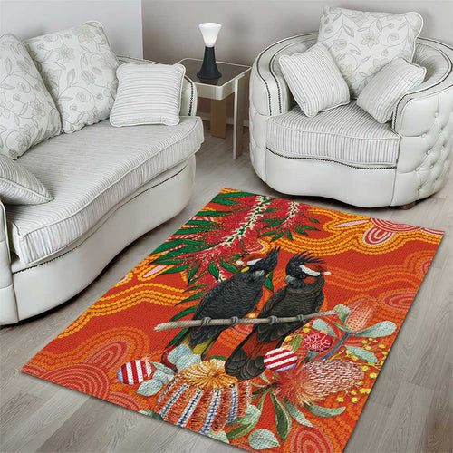 Australia Black Cockatoo Christmas Area Rug Banksia Bottlebrush Aboriginal Art - Aussie Hoodie